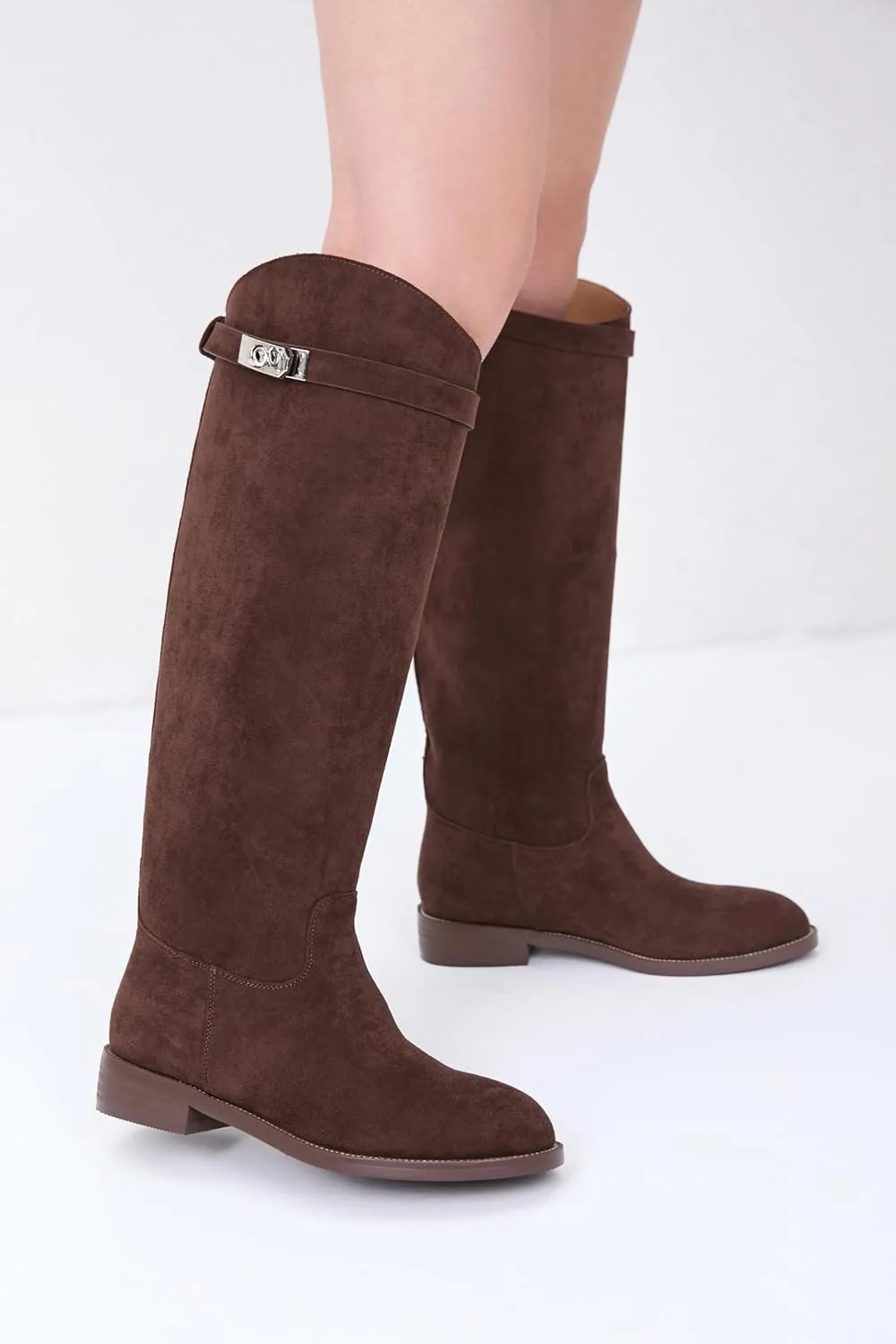iiimmu Riding Boots for Women Silver Buckle Women's Knee High Boots Round Toe Faux Leather Motorcycle Style