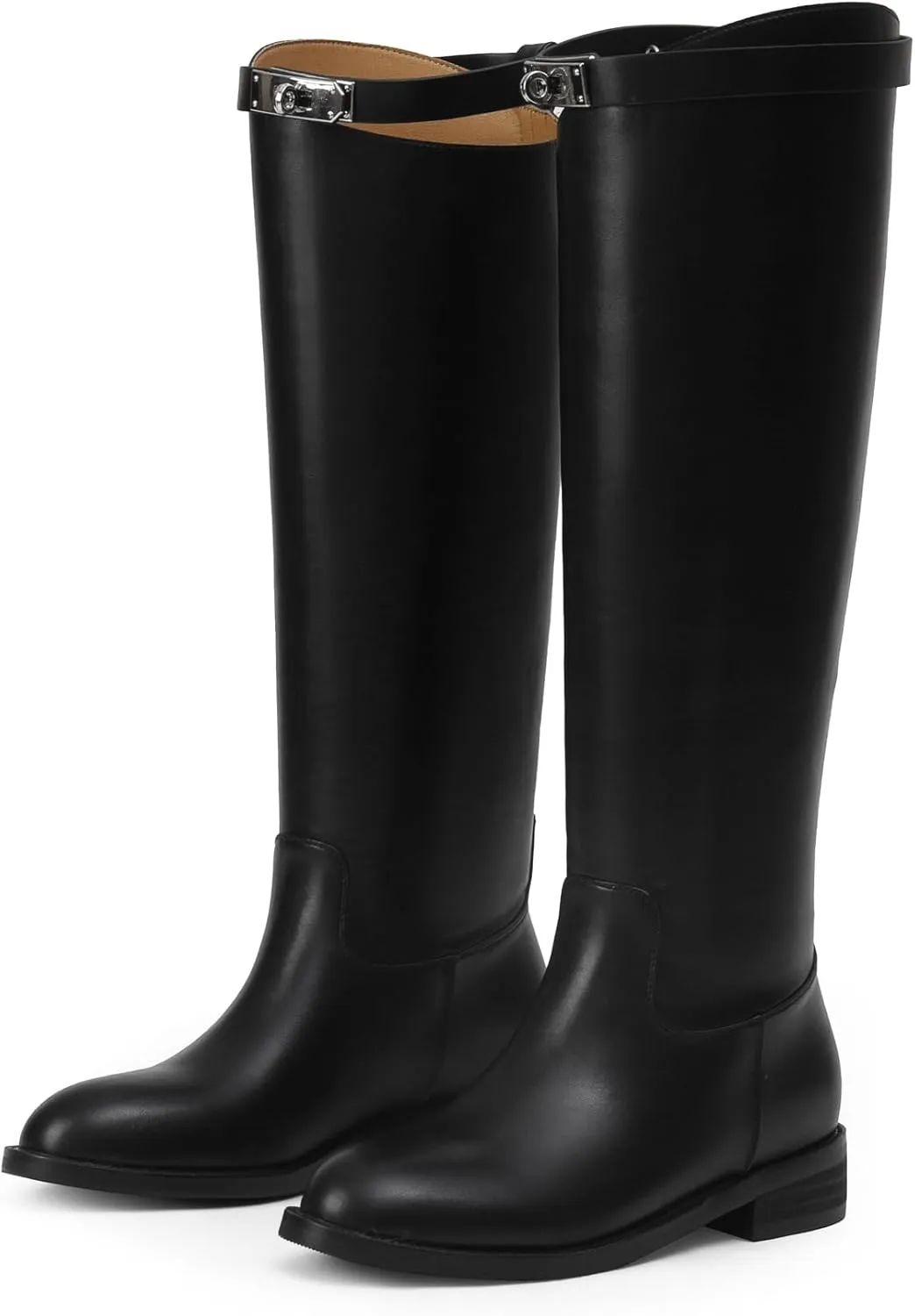 iiimmu Riding Boots for Women Silver Buckle Women's Knee High Boots Round Toe Faux Leather Motorcycle Style