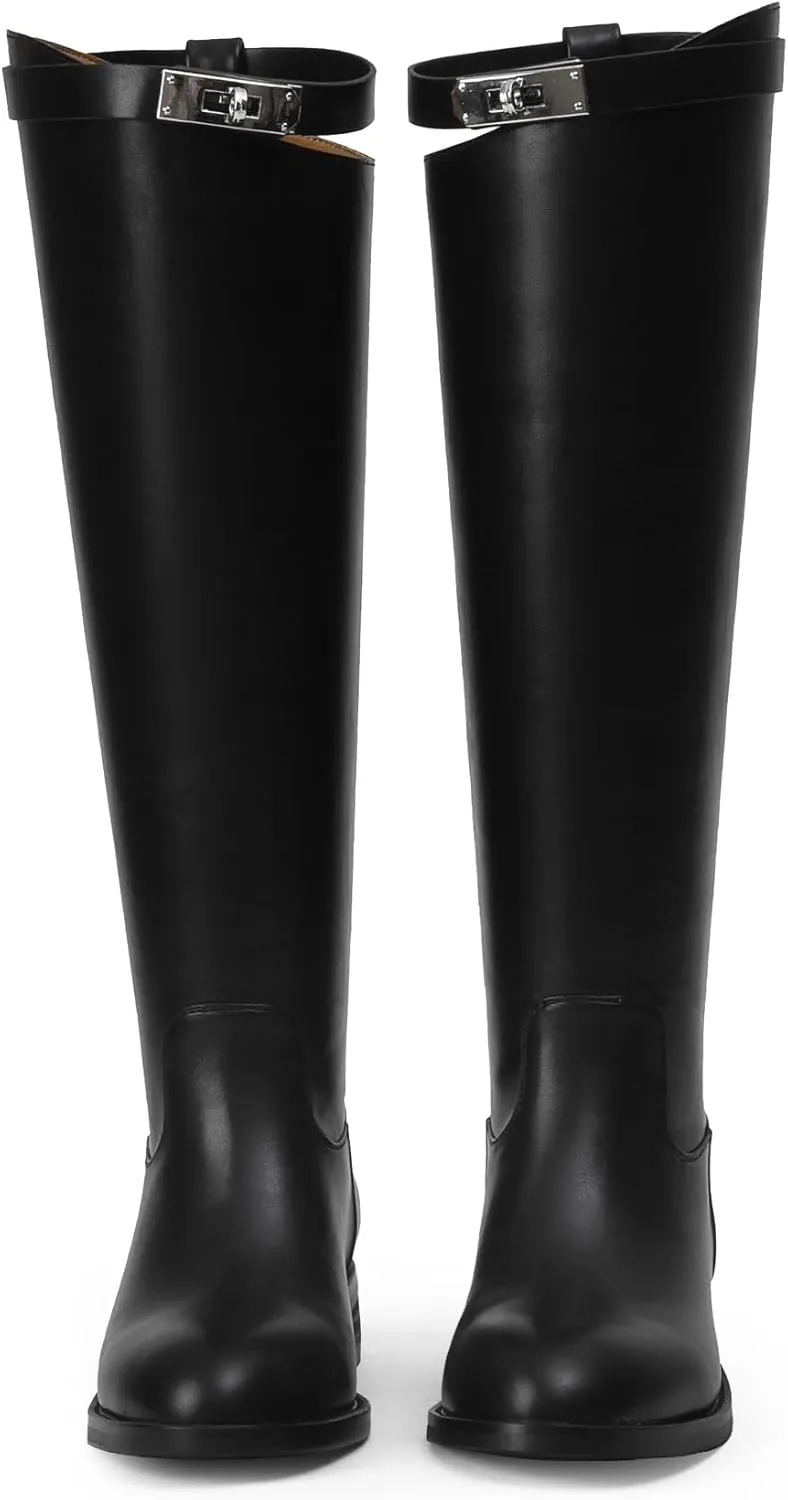 iiimmu Riding Boots for Women Silver Buckle Women's Knee High Boots Round Toe Faux Leather Motorcycle Style