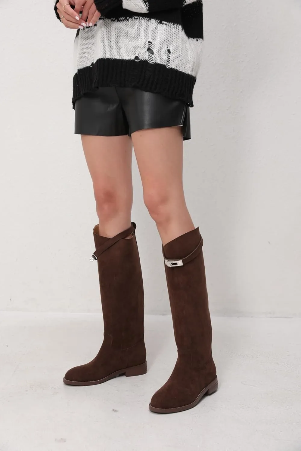 iiimmu Riding Boots for Women Silver Buckle Women's Knee High Boots Round Toe Faux Leather Motorcycle Style