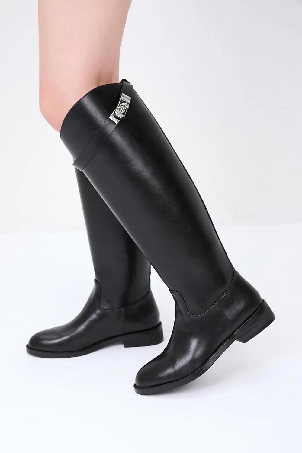 iiimmu Riding Boots for Women Silver Buckle Women's Knee High Boots Round Toe Faux Leather Motorcycle Style