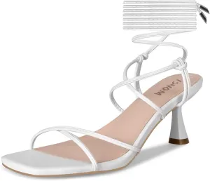 ISNOM Strappy Sandals for Women Kitten Heels Lace Up Heels Stiletto Heels Wrap Around Heels with Square Toe
