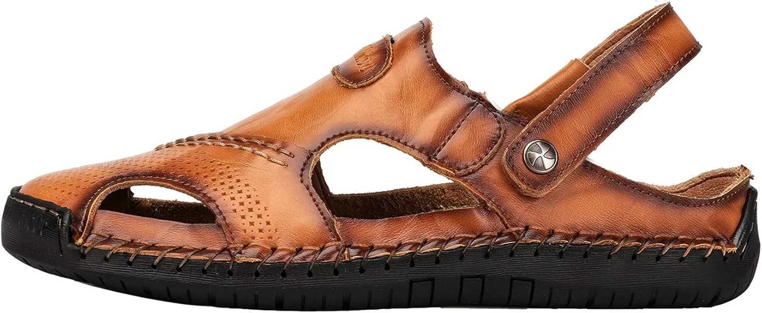 JIONS Mens Hand Stitching Outdoor Closed Toe Leather Sandals, Adjustable Heel Strap Slip on Sandals Beach Slippers Shoes