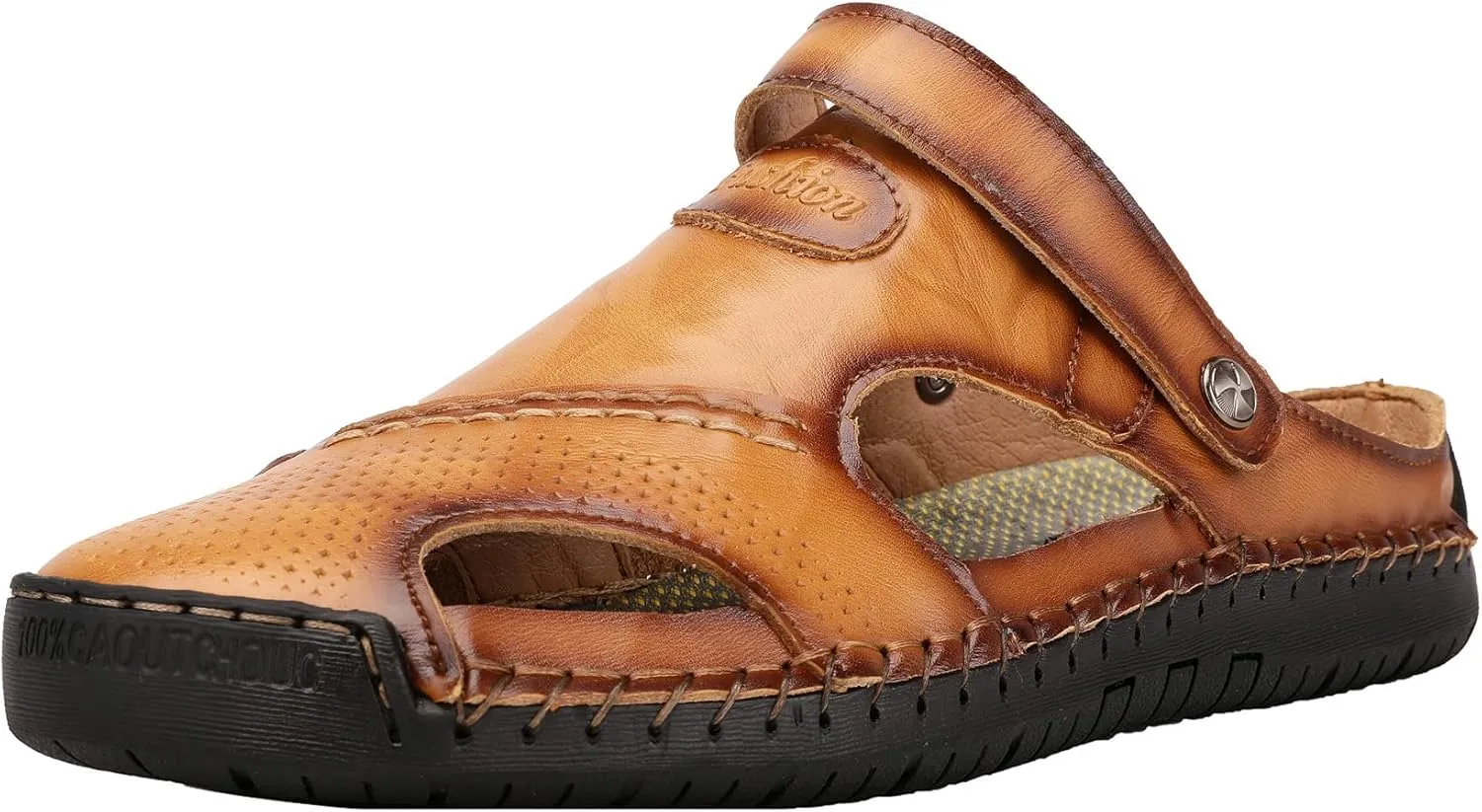 JIONS Mens Hand Stitching Outdoor Closed Toe Leather Sandals, Adjustable Heel Strap Slip on Sandals Beach Slippers Shoes