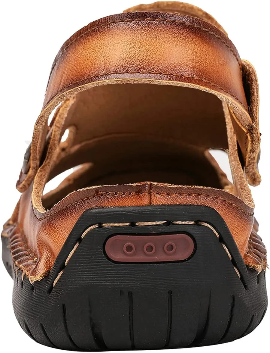 JIONS Mens Hand Stitching Outdoor Closed Toe Leather Sandals, Adjustable Heel Strap Slip on Sandals Beach Slippers Shoes