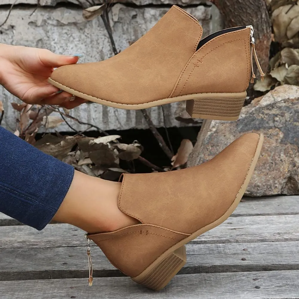 JITUUE Ankle Booties for Women,Women's Casual Dress Low Heeled Booties. V Cut Fashion Thick Heel Design Shoes