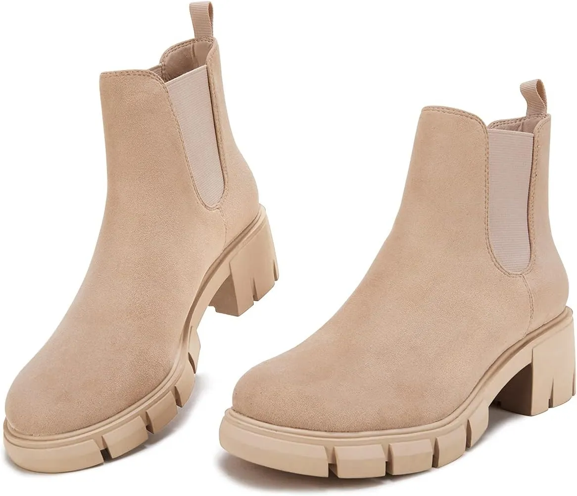 Juliet Holy Womens Lug Sole Platform Ankle Booties Chelsea Slip on Chunky Block Heel Leather Combat Boots