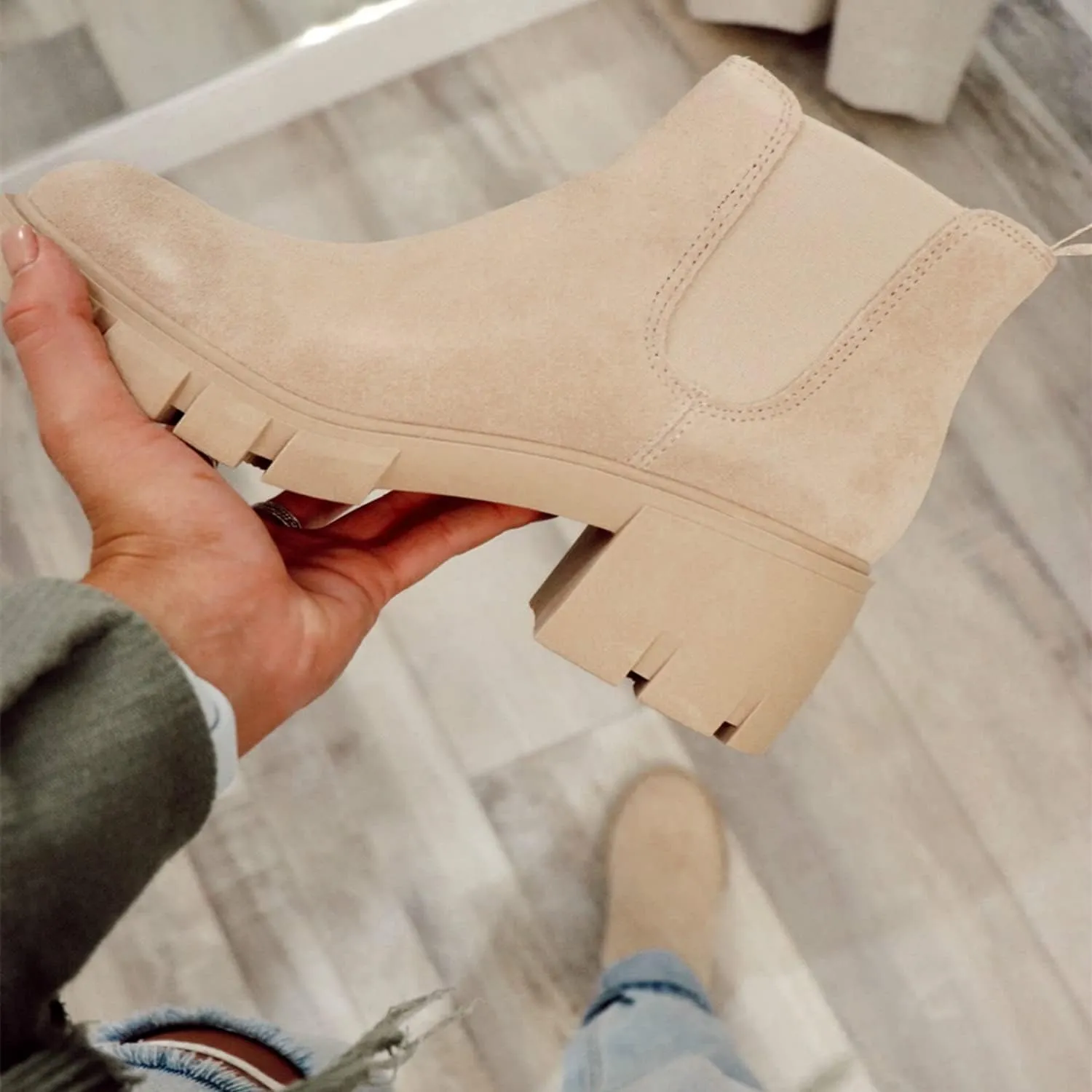 Juliet Holy Womens Lug Sole Platform Ankle Booties Chelsea Slip on Chunky Block Heel Leather Combat Boots