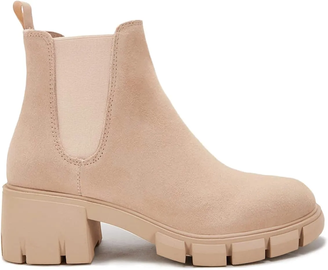 Juliet Holy Womens Lug Sole Platform Ankle Booties Chelsea Slip on Chunky Block Heel Leather Combat Boots