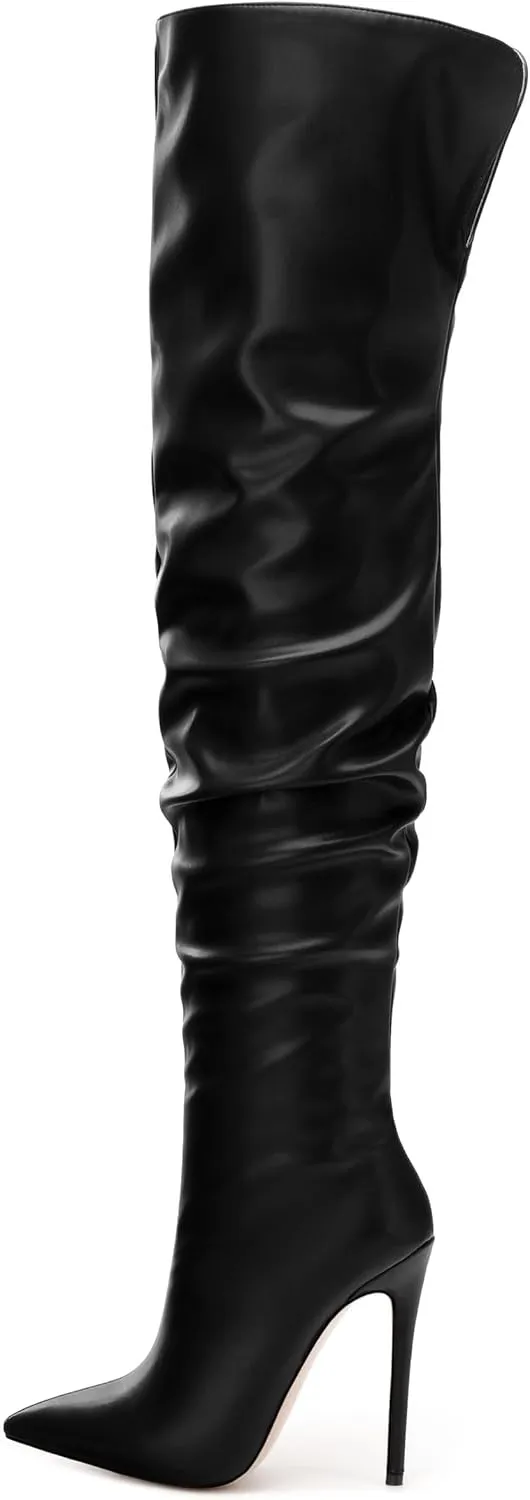 JUSTDANNI Women's Thigh High Boots for Women Thick Thighs Over Knee Boots with Stiletto High Heels Pointed Toe Comfortable Pull On Above The Knee Boots Party Wedding Shopping Thigh High Heels
