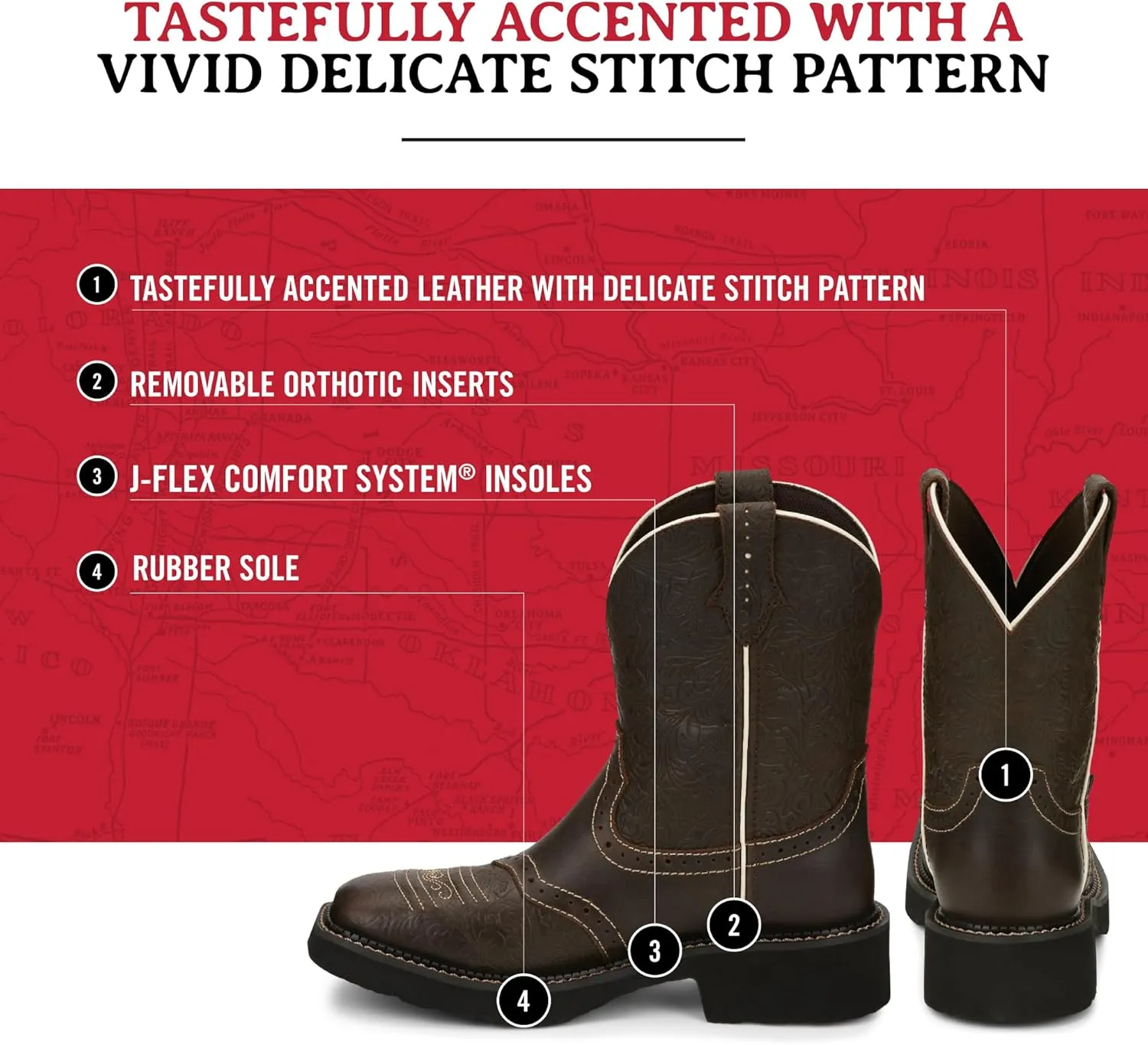 Justin Mandra 8” Western Boots for Women - Durable Cowhide Leather Square Toe Cowgirl Boots with Vivid Stitching, J-Flex Comfort & Non-Slip Outsoles