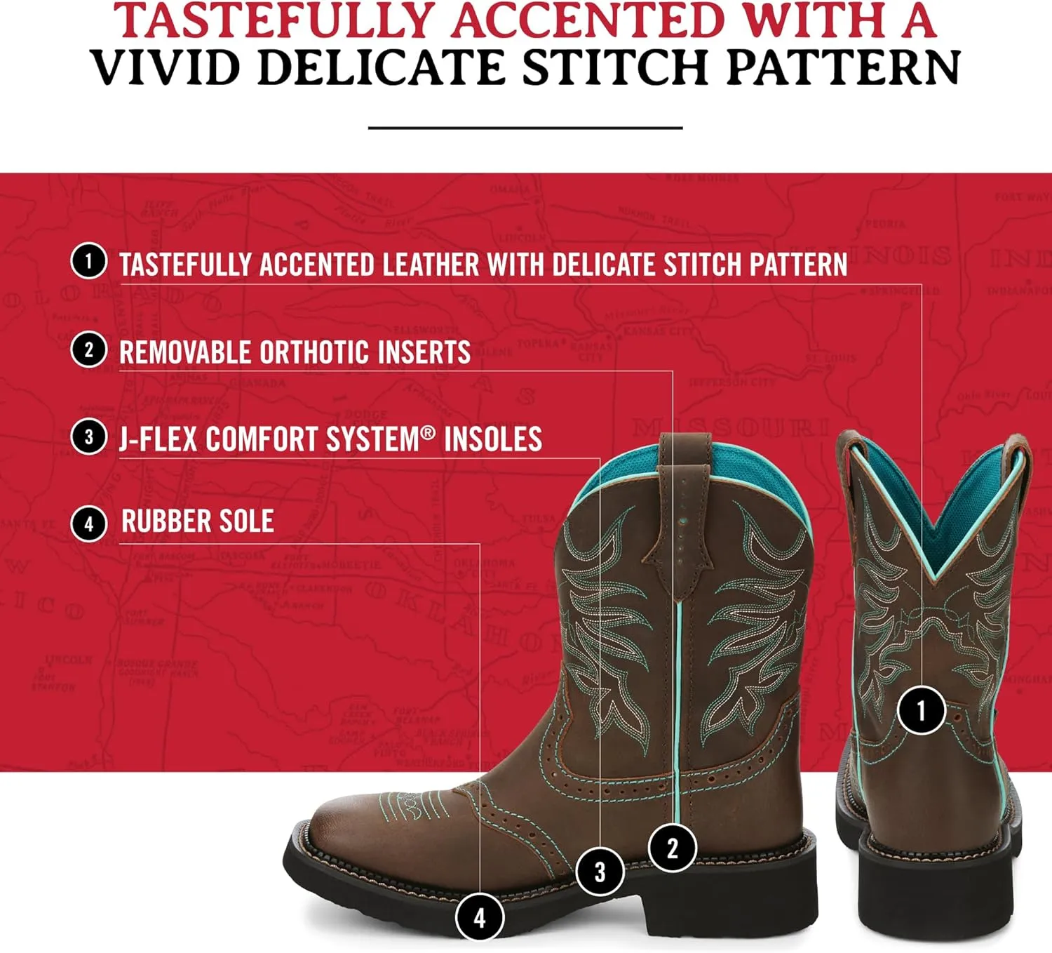 Justin Mandra 8” Western Boots for Women - Durable Cowhide Leather Square Toe Cowgirl Boots with Vivid Stitching, J-Flex Comfort & Non-Slip Outsoles