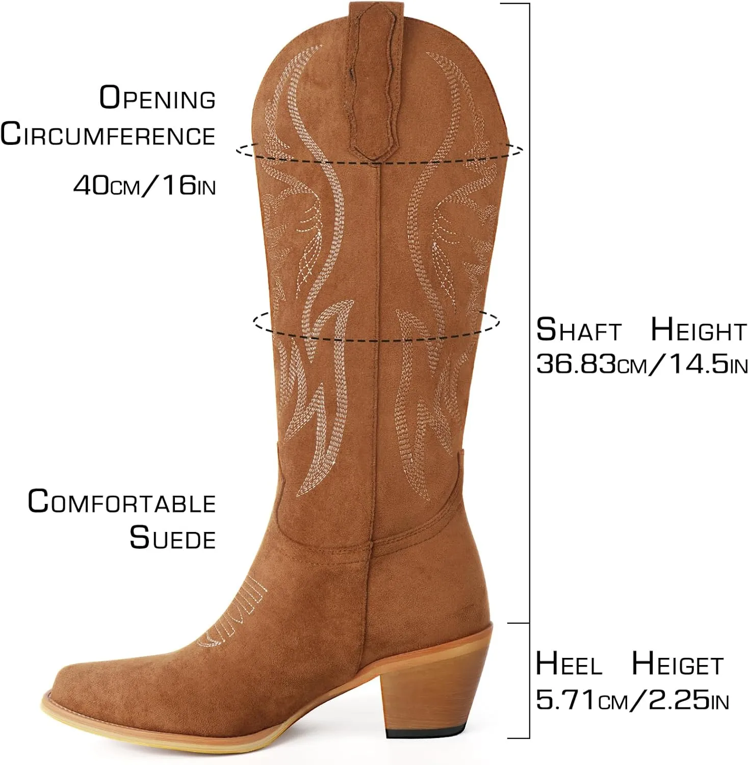 KaroNairy Women Cowboy Boots Faux Suede Embroidered Pointed Thick Heeled Western Wide Calf Cowgirl Ponited Toe Mid Calf Boots