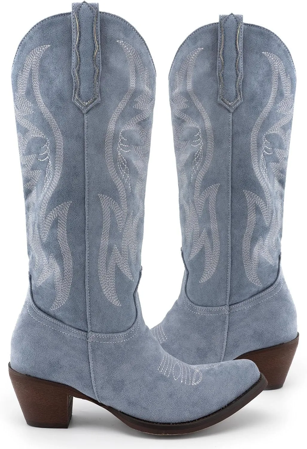 KaroNairy Women Cowboy Boots Faux Suede Embroidered Pointed Thick Heeled Western Wide Calf Cowgirl Ponited Toe Mid Calf Boots