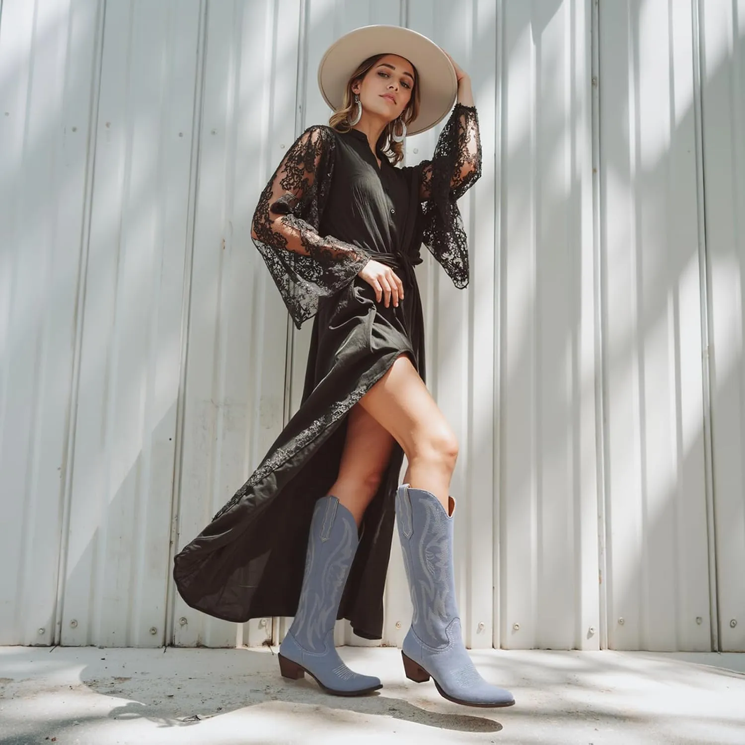 KaroNairy Women Cowboy Boots Faux Suede Embroidered Pointed Thick Heeled Western Wide Calf Cowgirl Ponited Toe Mid Calf Boots