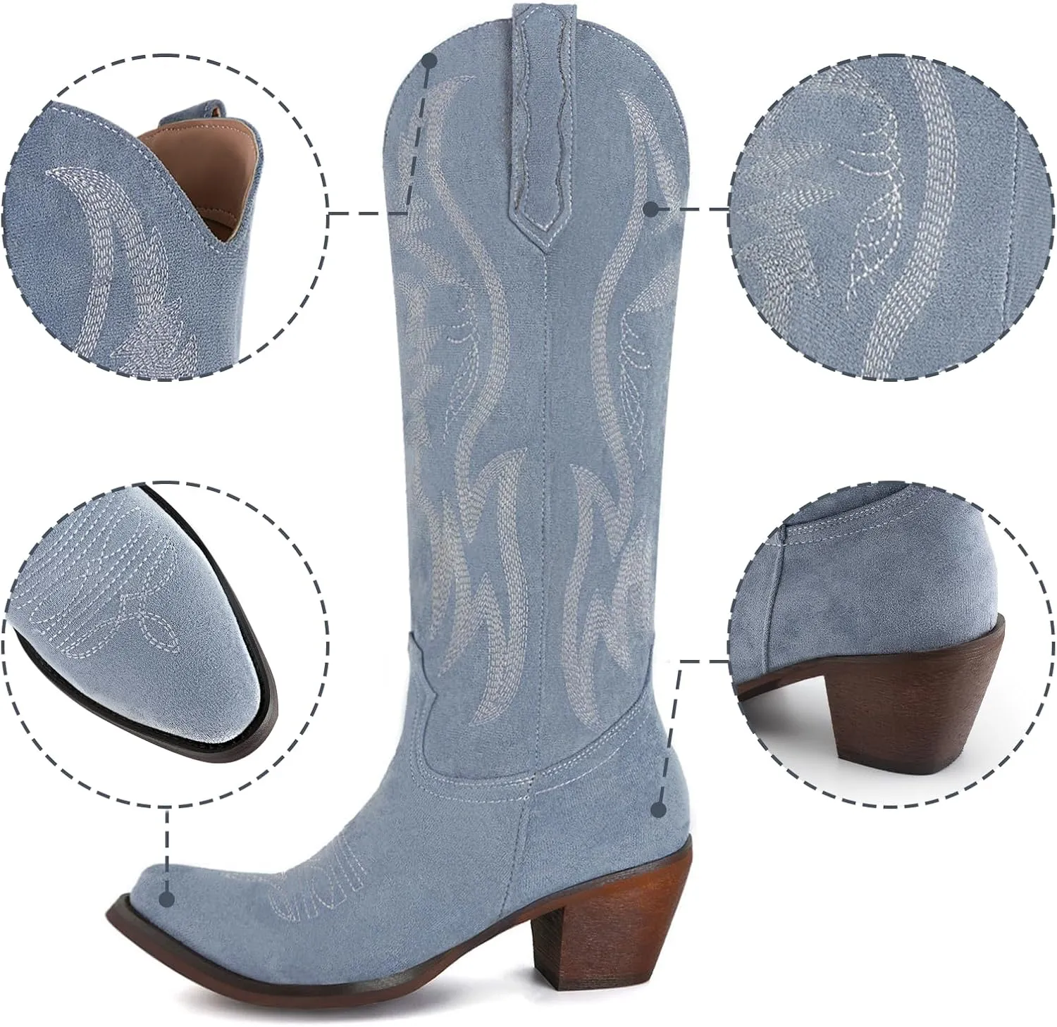 KaroNairy Women Cowboy Boots Faux Suede Embroidered Pointed Thick Heeled Western Wide Calf Cowgirl Ponited Toe Mid Calf Boots