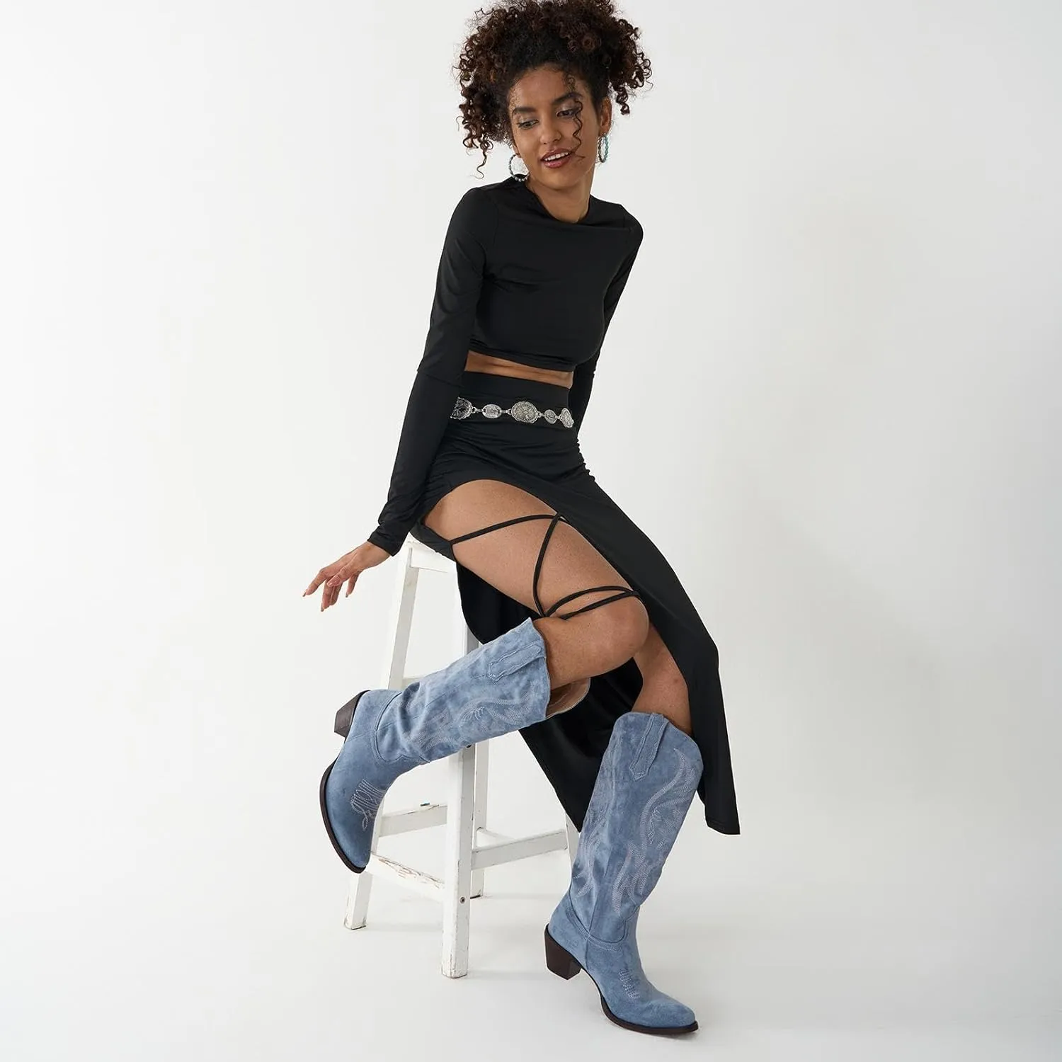 KaroNairy Women Cowboy Boots Faux Suede Embroidered Pointed Thick Heeled Western Wide Calf Cowgirl Ponited Toe Mid Calf Boots
