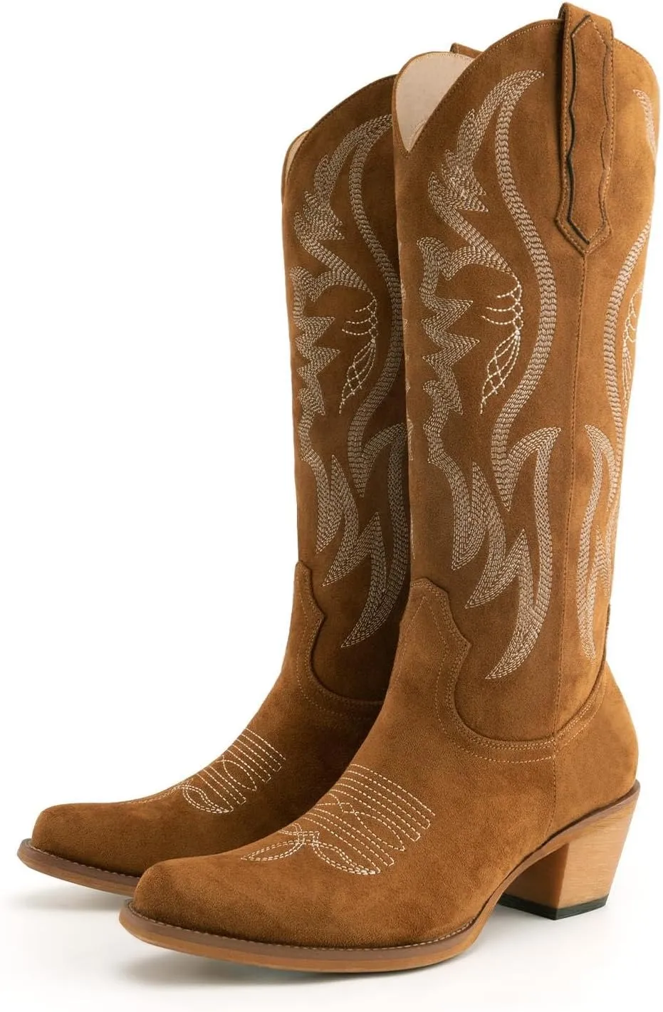 KaroNairy Women Cowboy Boots Faux Suede Embroidered Pointed Thick Heeled Western Wide Calf Cowgirl Ponited Toe Mid Calf Boots