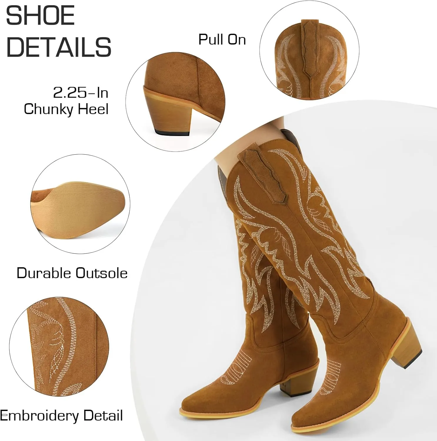 KaroNairy Women Cowboy Boots Faux Suede Embroidered Pointed Thick Heeled Western Wide Calf Cowgirl Ponited Toe Mid Calf Boots