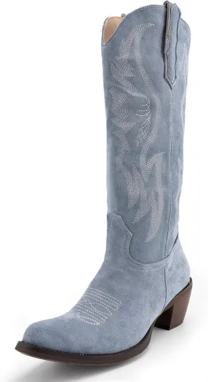 KaroNairy Women Cowboy Boots Faux Suede Embroidered Pointed Thick Heeled Western Wide Calf Cowgirl Ponited Toe Mid Calf Boots