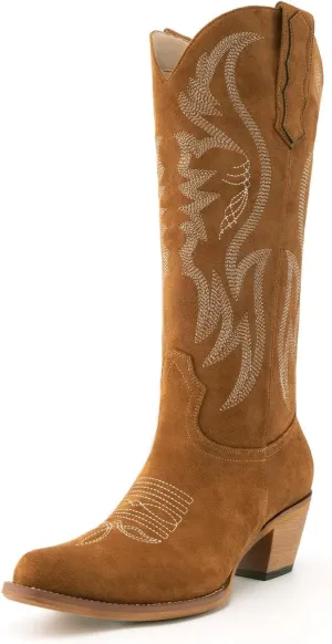 KaroNairy Women Cowboy Boots Faux Suede Embroidered Pointed Thick Heeled Western Wide Calf Cowgirl Ponited Toe Mid Calf Boots