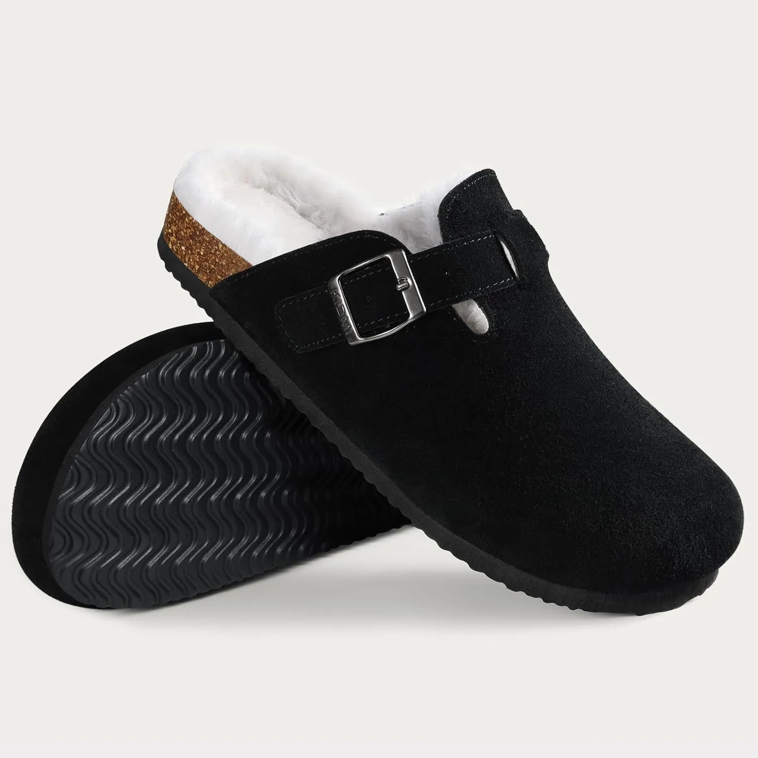 KIDMI Women's Fur Lined Suede Clogs Fuzzy Cork Footbed Mules Slip On Winter Potato Shoes