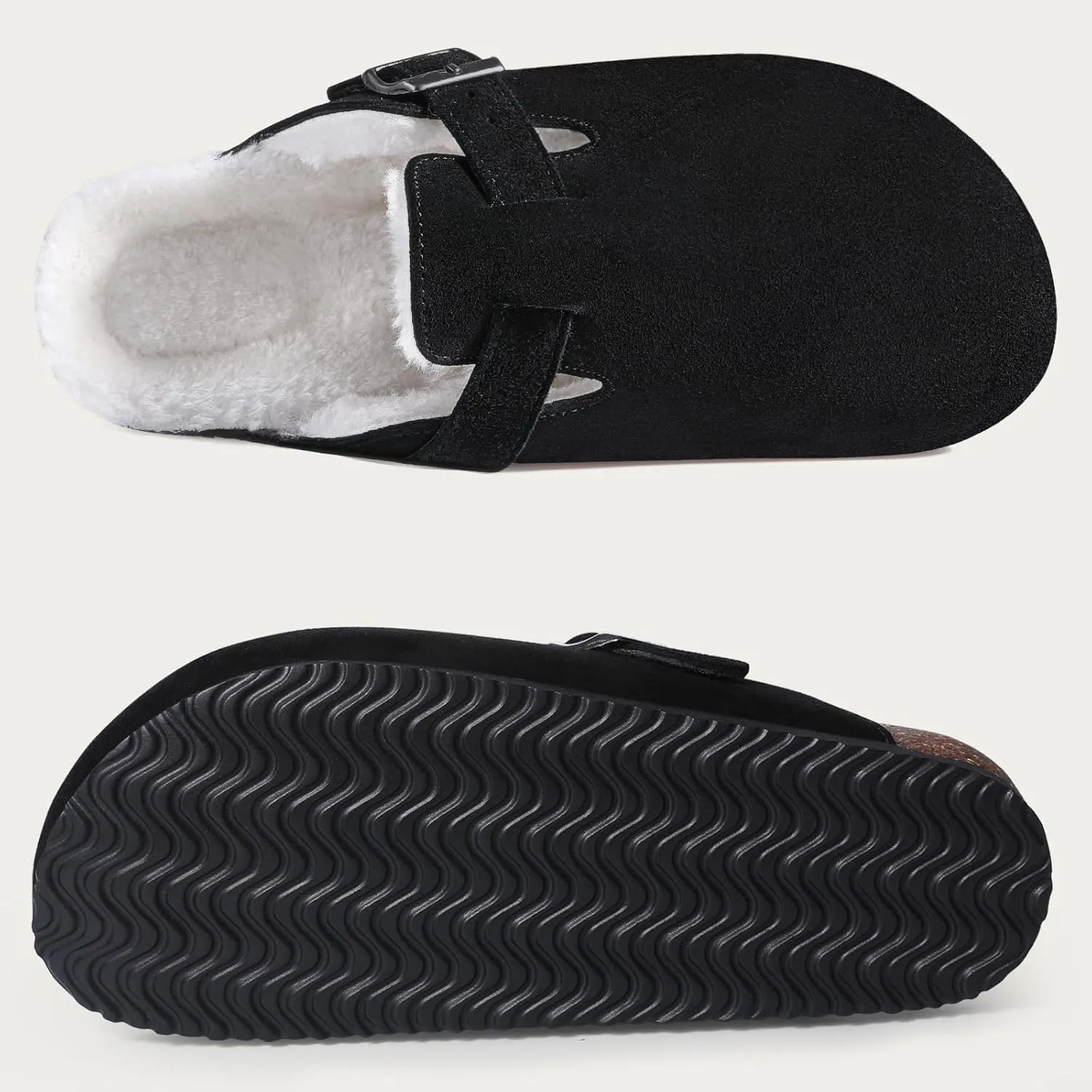KIDMI Women's Fur Lined Suede Clogs Fuzzy Cork Footbed Mules Slip On Winter Potato Shoes