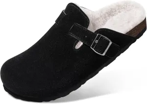 KIDMI Women's Fur Lined Suede Clogs Fuzzy Cork Footbed Mules Slip On Winter Potato Shoes