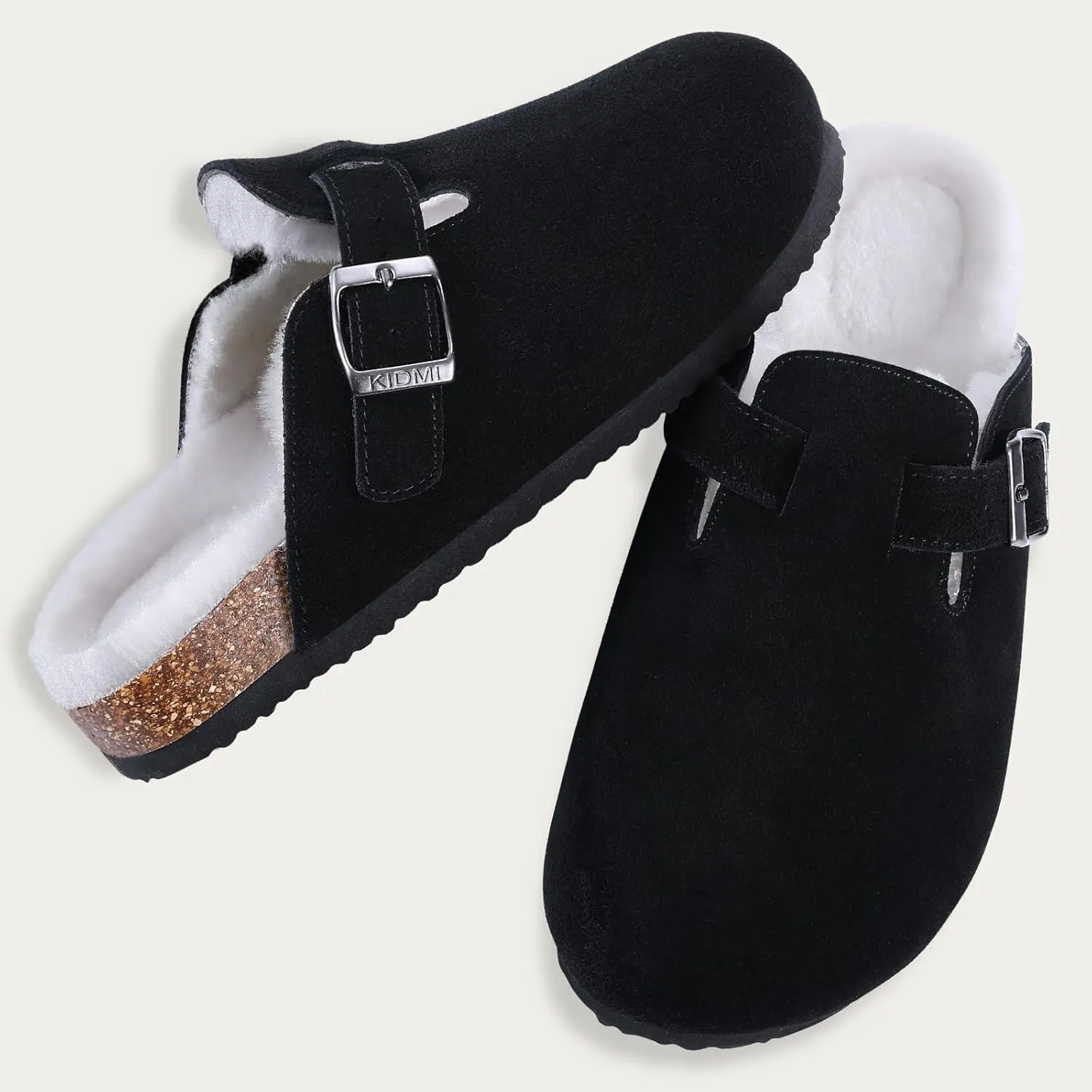 KIDMI Women's Fur Lined Suede Clogs Fuzzy Cork Footbed Mules Slip On Winter Potato Shoes