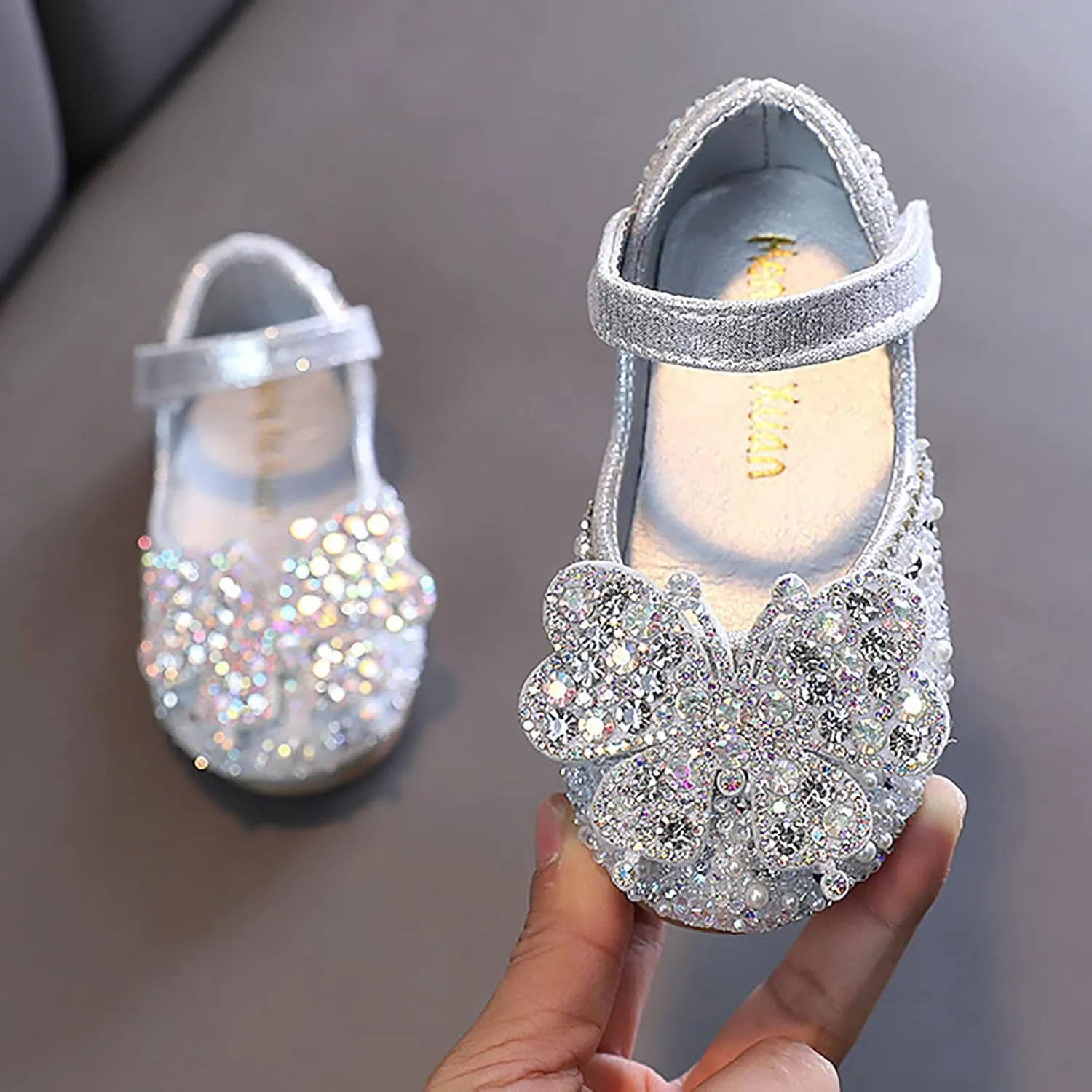 Kids Toddler Girls Rhinestones Butterfly Dress Shoes Baby Flat Bottom Princess Sandals Flower Wedding Party Shoes