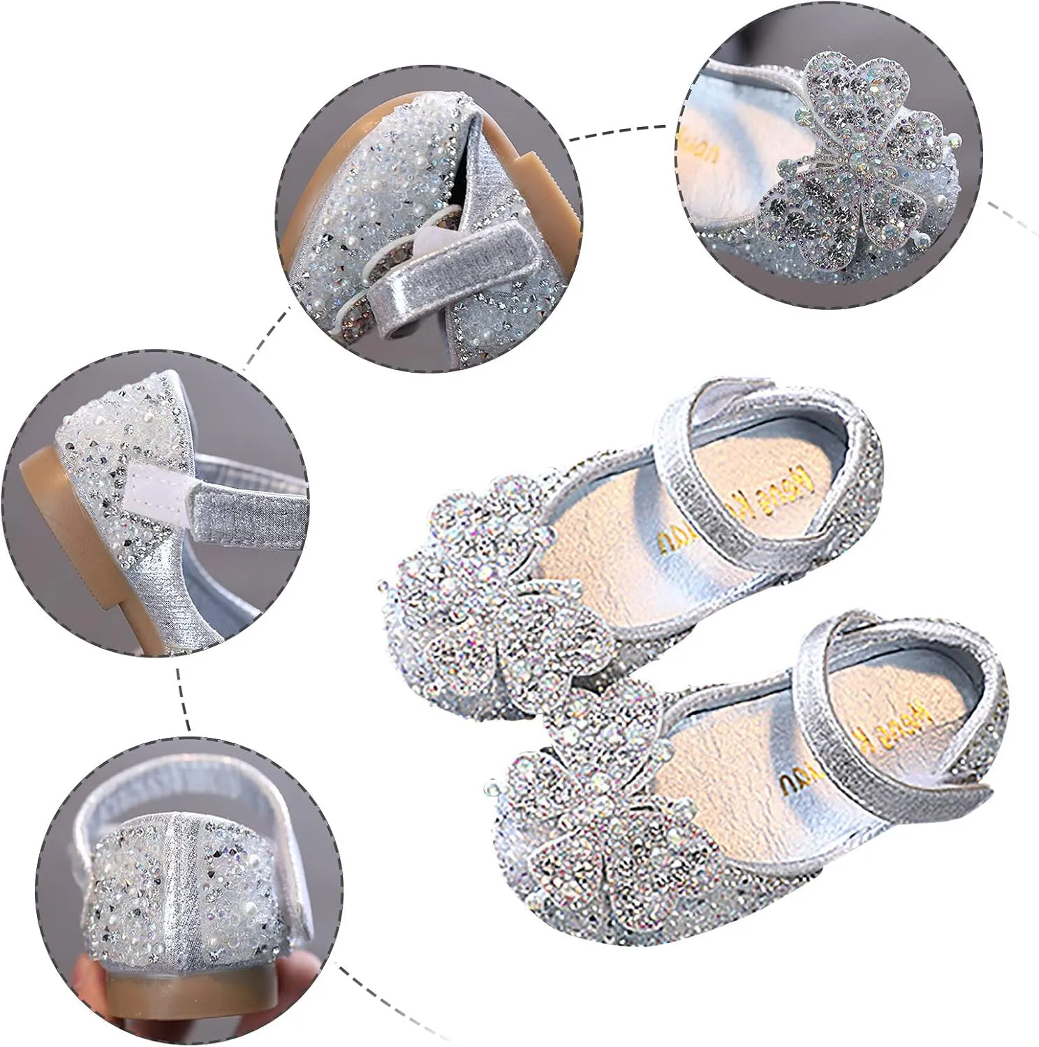 Kids Toddler Girls Rhinestones Butterfly Dress Shoes Baby Flat Bottom Princess Sandals Flower Wedding Party Shoes