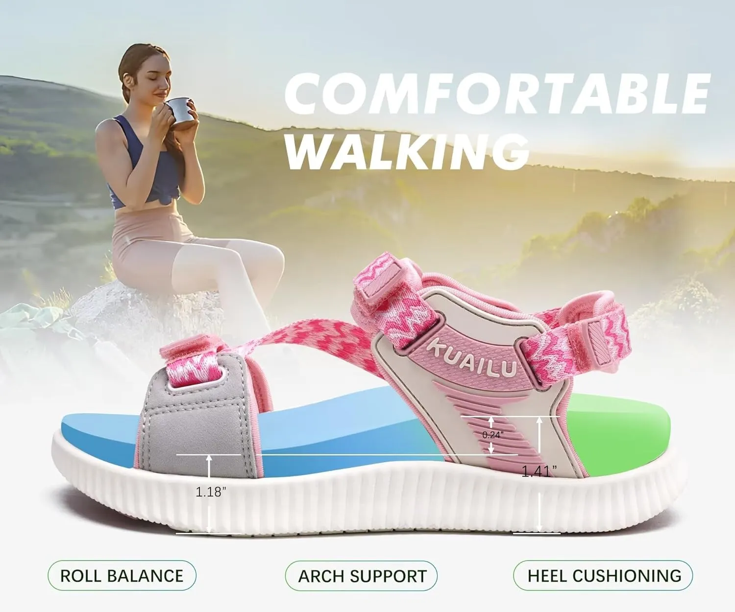 KuaiLu Womens Orthopedic Walking Sandals Recovery Sport Outdoor Hiking Water Sandles Thick Athletic Cushion Adjustable Leather Strap Sandals with Comfortable Plantar Fasciitis Arch Support