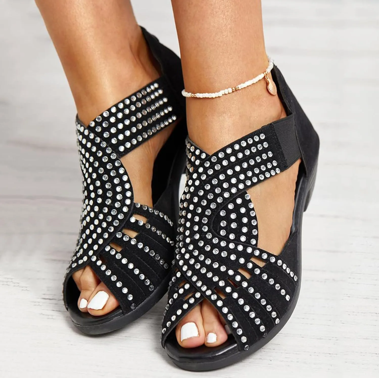 Ladies Fashion Summer Retro Suede Rhinestone Decoration Open Toe Back Zipper Thick High Heel Sandals Outdoor Shoes Women