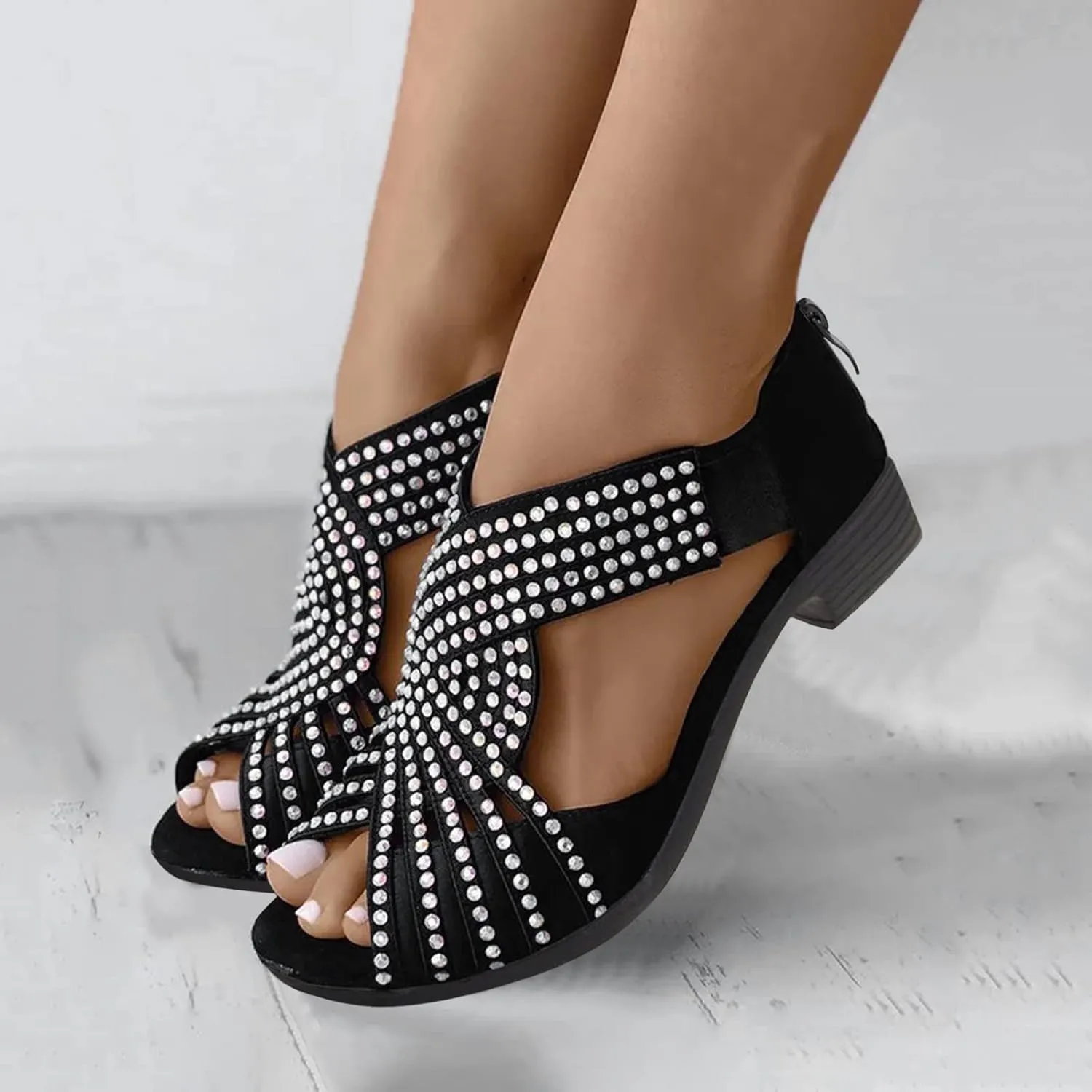 Ladies Fashion Summer Retro Suede Rhinestone Decoration Open Toe Back Zipper Thick High Heel Sandals Outdoor Shoes Women