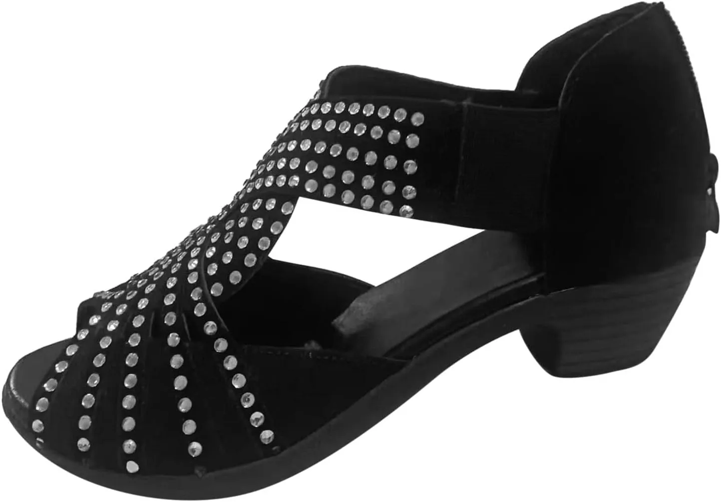 Ladies Fashion Summer Retro Suede Rhinestone Decoration Open Toe Back Zipper Thick High Heel Sandals Outdoor Shoes Women