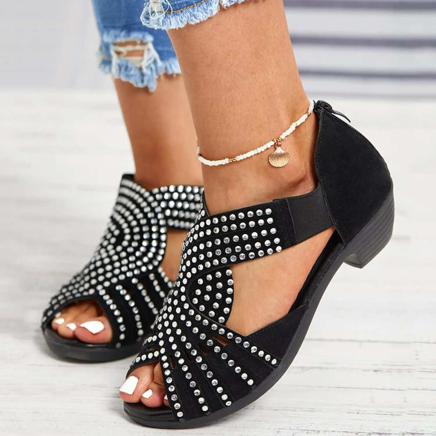 Ladies Fashion Summer Retro Suede Rhinestone Decoration Open Toe Back Zipper Thick High Heel Sandals Outdoor Shoes Women
