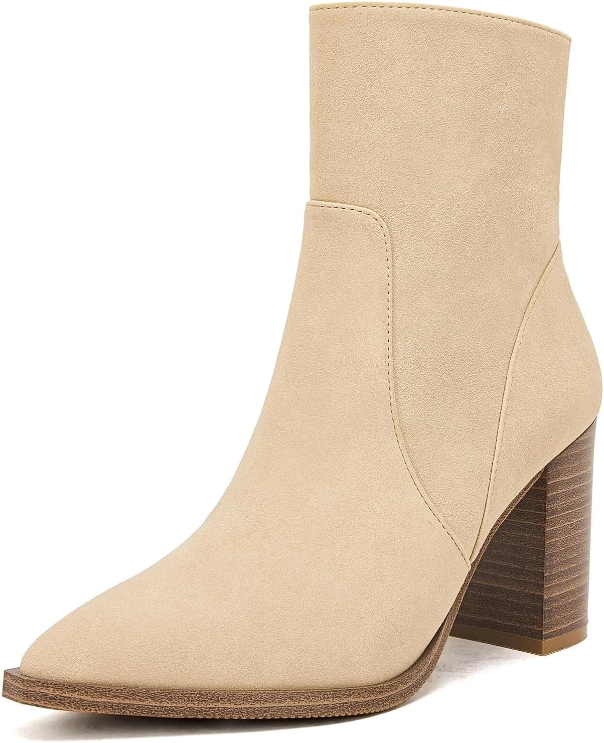 LAICIGO Women's Pointed Toe Ankle Boots Chunky Stacked Heel Side Zipper Faux Leather Ankle Booties