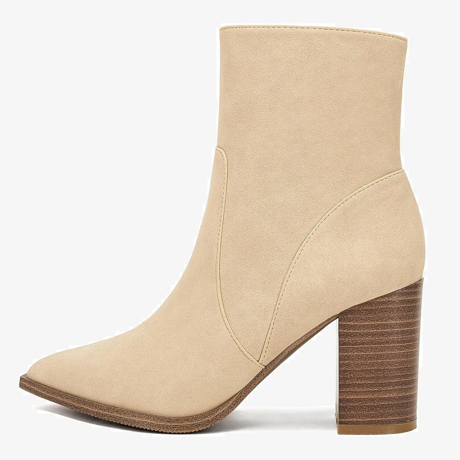 LAICIGO Women's Pointed Toe Ankle Boots Chunky Stacked Heel Side Zipper Faux Leather Ankle Booties