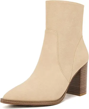 LAICIGO Women's Pointed Toe Ankle Boots Chunky Stacked Heel Side Zipper Faux Leather Ankle Booties