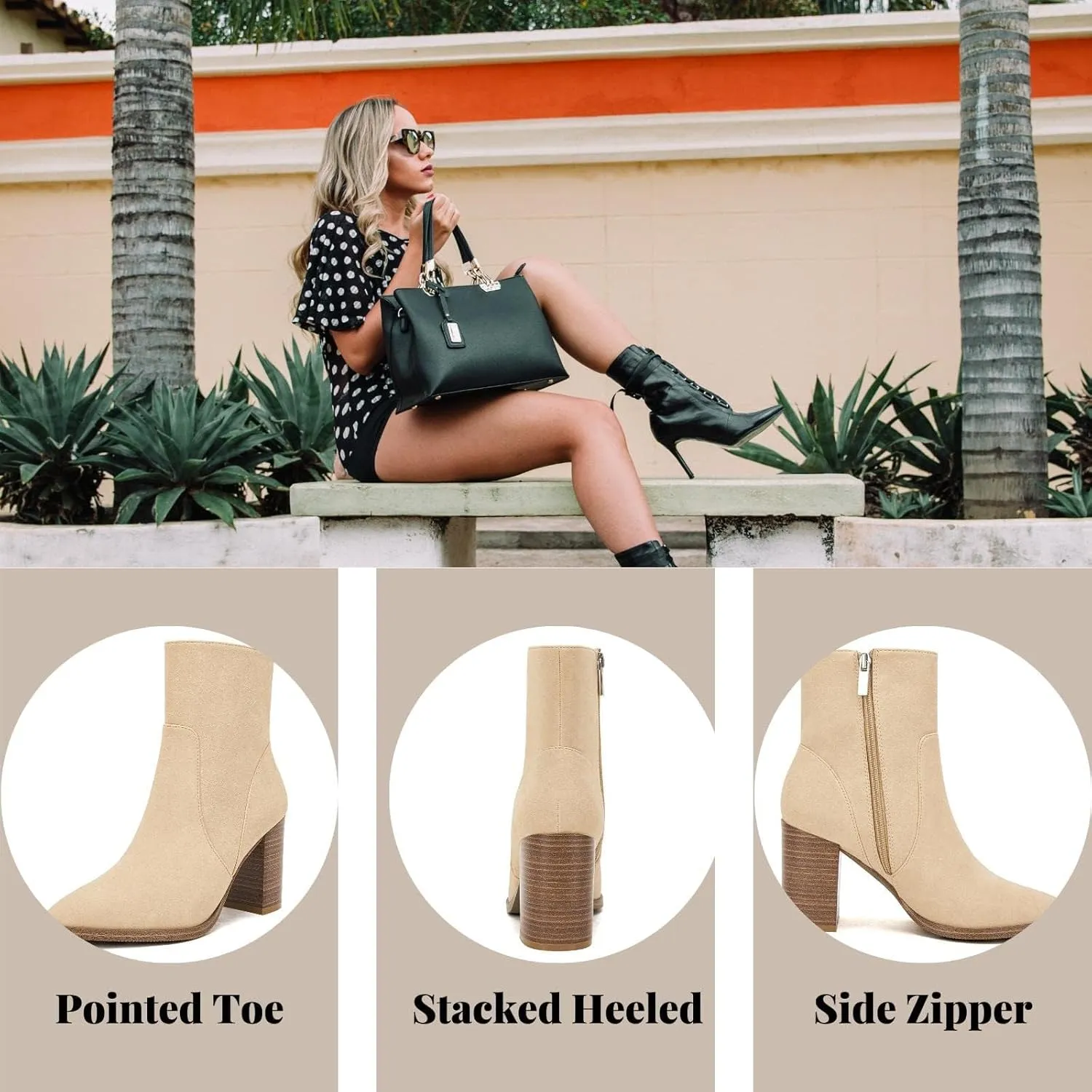 LAICIGO Women's Pointed Toe Ankle Boots Chunky Stacked Heel Side Zipper Faux Leather Ankle Booties