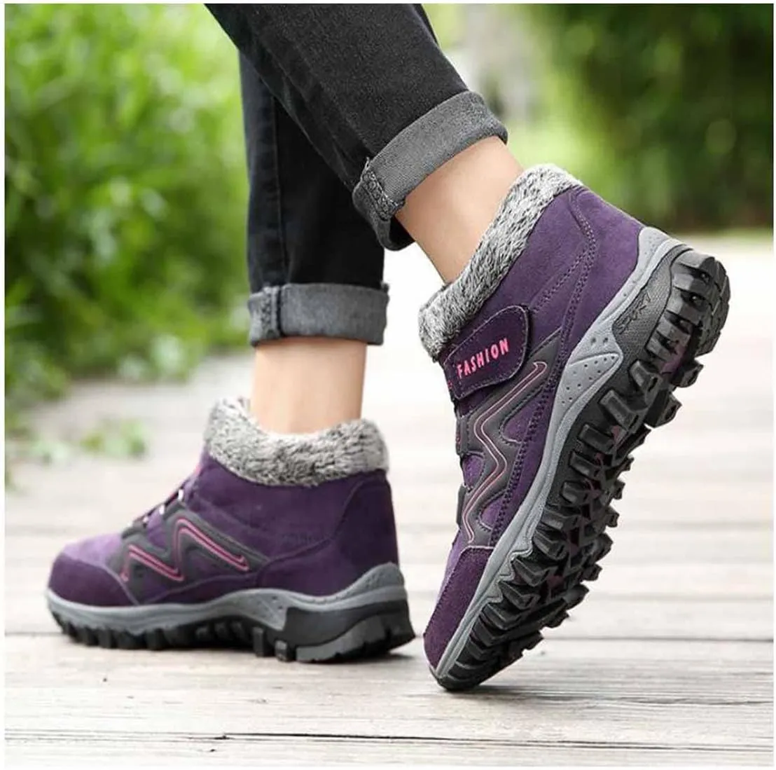 LAVAEGG Women's Winter Thermal Snowy Villi Leather Ankle Boots Fashion high top Boots Outdoor Walking Shoes Non-Slip Hiking Shoes