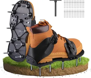 Lawn Aerator Shoes for Grass Heavy-Duty Spiked Sandals with Adjustable Loop Straps Stainless Steel Spikes Aerator Lawn Shoes for Patio Yard, Garden Black