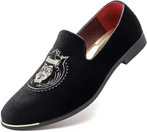 LCQL Men's Slip-On Embroidery Penny Loafers Flat Boat Shoes for Driving Walking Wedding Outdoor Indoor Size 7-14