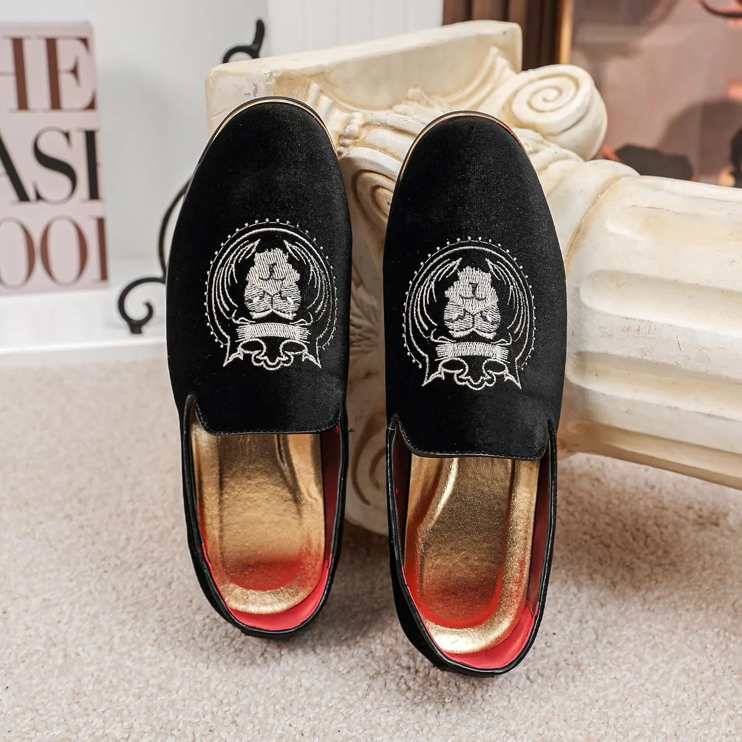 LCQL Men's Slip-On Embroidery Penny Loafers Flat Boat Shoes for Driving Walking Wedding Outdoor Indoor Size 7-14