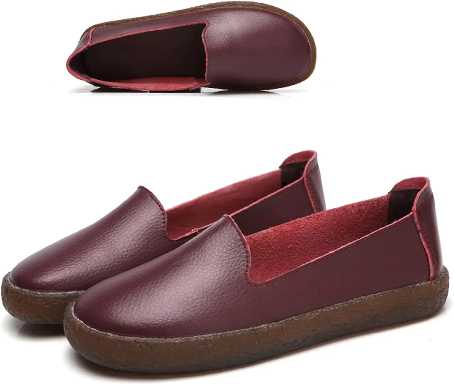 Leather Slip on Loafers for Women Comfortable Round Toe Soft Bottom Driving Work Flat Boat Shoes Breathable Soft Nurse Walking Shoes