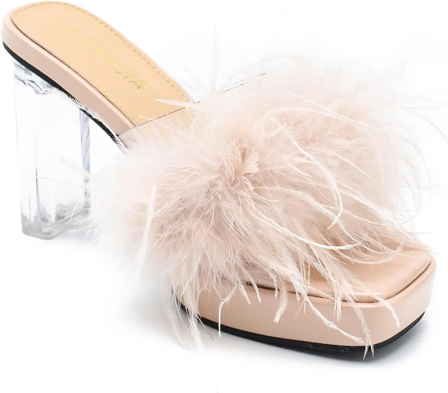 LIURUIJIA Women's Square Toe Platform Chunky Heel Slip on Sandals Feather Fuzzy Heels Mules Wedding Bridal Party Dress Shoes