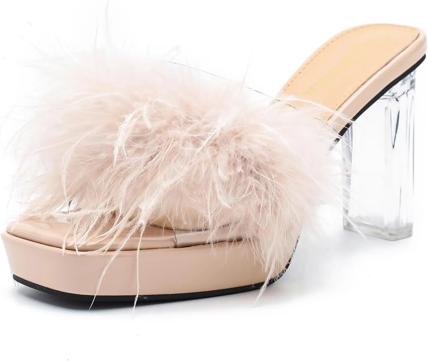 LIURUIJIA Women's Square Toe Platform Chunky Heel Slip on Sandals Feather Fuzzy Heels Mules Wedding Bridal Party Dress Shoes