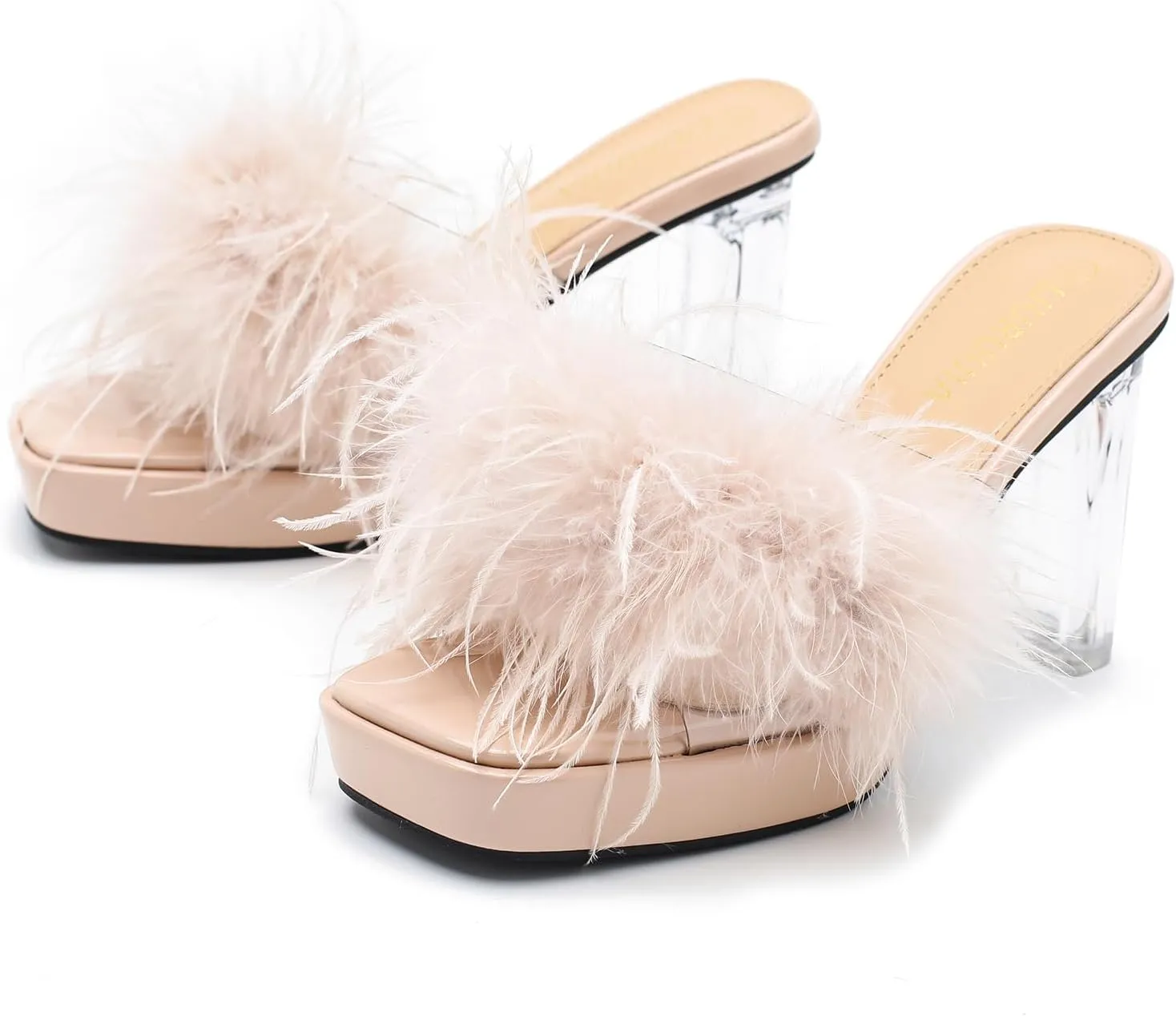LIURUIJIA Women's Square Toe Platform Chunky Heel Slip on Sandals Feather Fuzzy Heels Mules Wedding Bridal Party Dress Shoes