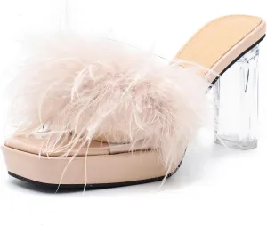LIURUIJIA Women's Square Toe Platform Chunky Heel Slip on Sandals Feather Fuzzy Heels Mules Wedding Bridal Party Dress Shoes