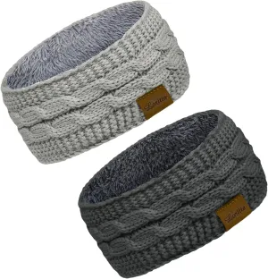 Loritta 2 Pack Headbands for Women Winter Warm Cable Knit Ear Warmer Thick Head Wrap Fuzzy Fleece Lined Gifts